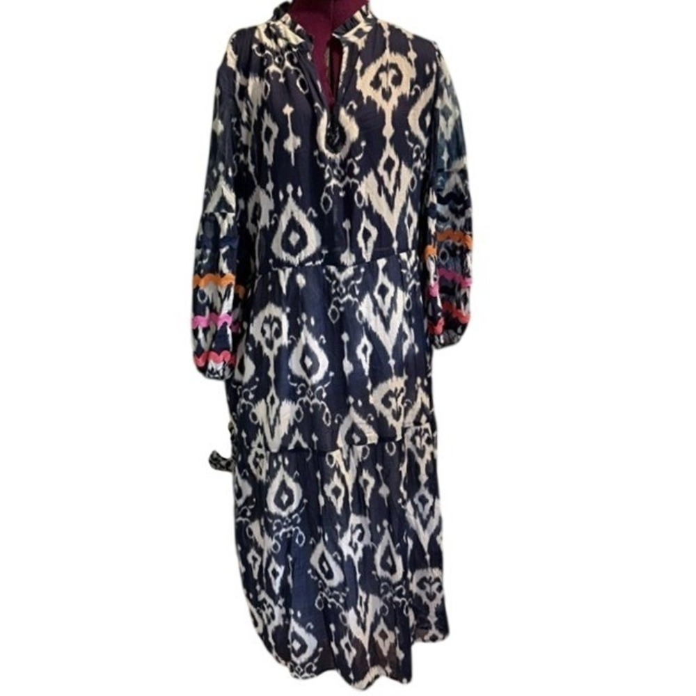Vilagallo Navy Tammy Ikat Print Tiered Midi Dress Rickrack Trim Split Neck L - Picture 3 of 10